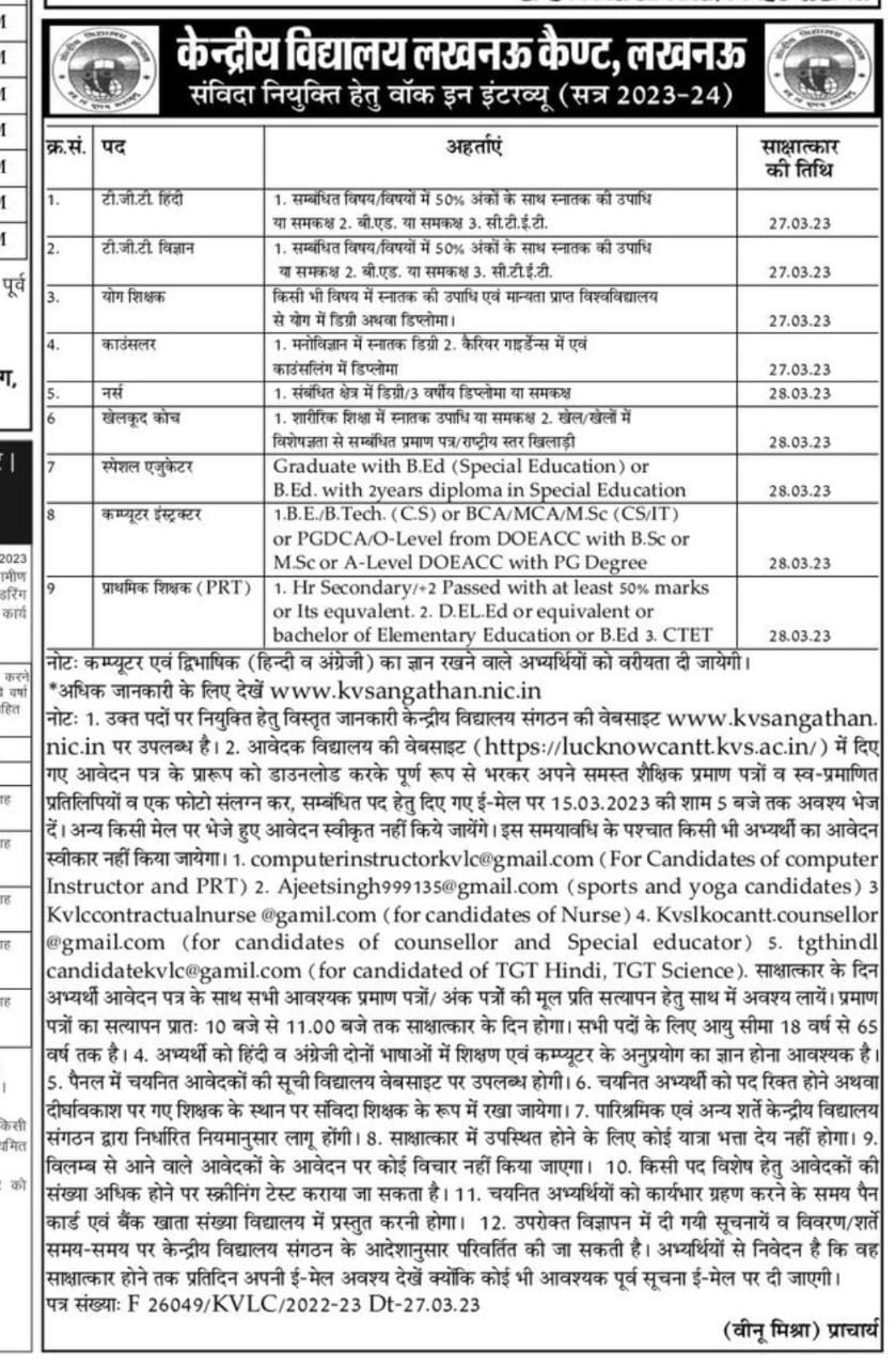 Kendriya Vidyalaya Lucknow Cantt Recruitment 202324 Result OUT for